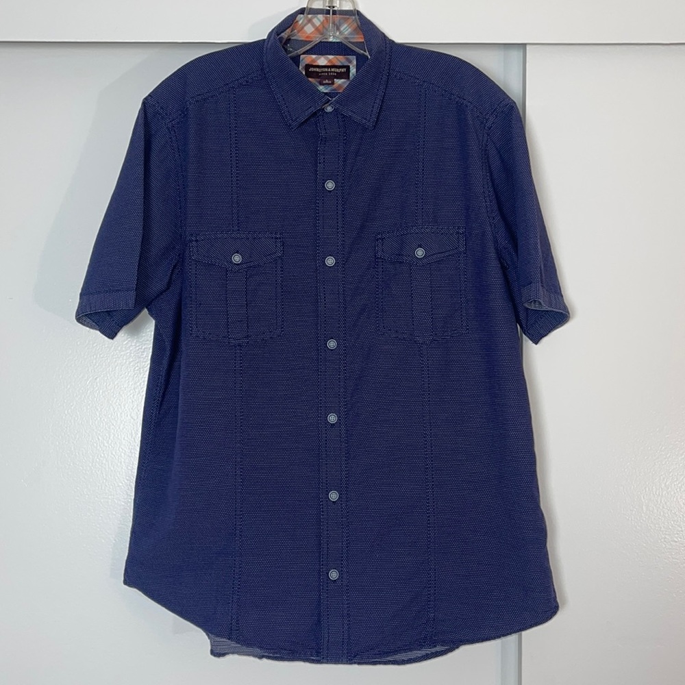 Johnston and Murphy men’s shirt size large in blue button up. Preowned.